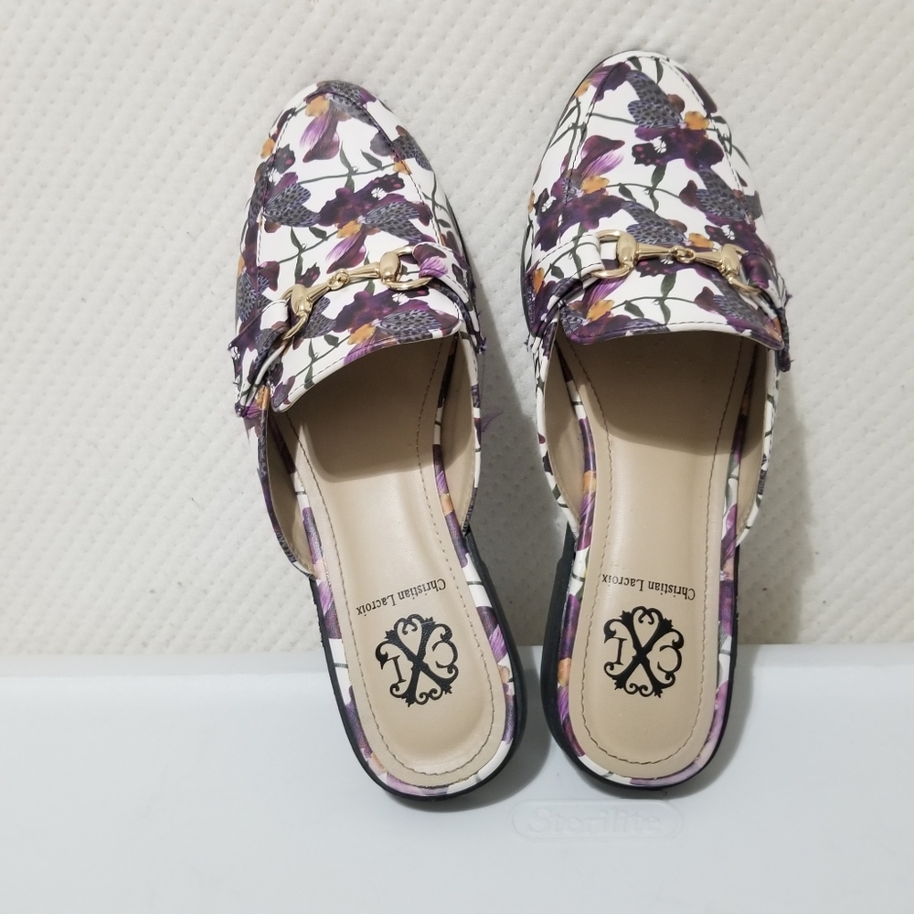 CHRISTIAN LACROIX 9 FLORAL FLAT LEATHER MULE SANDAL
